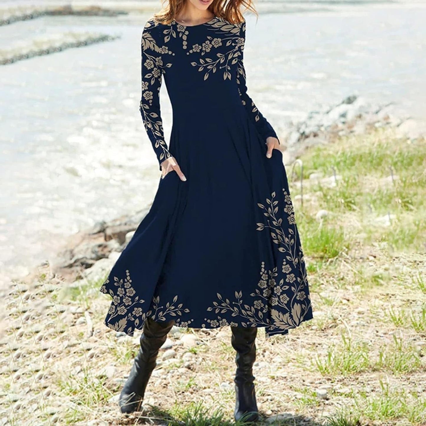 Women'S ’S Fall Dresses Fashion Casual Printed round Neck Pullover Long Sleeve Dress Formal, S-2XL