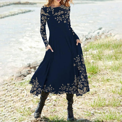 Women'S ’S Fall Dresses Fashion Casual Printed round Neck Pullover Long Sleeve Dress Formal, S-2XL