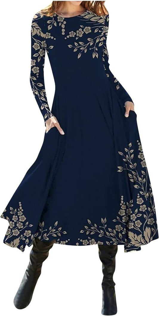 Women'S ’S Fall Dresses Fashion Casual Printed round Neck Pullover Long Sleeve Dress Formal, S-2XL