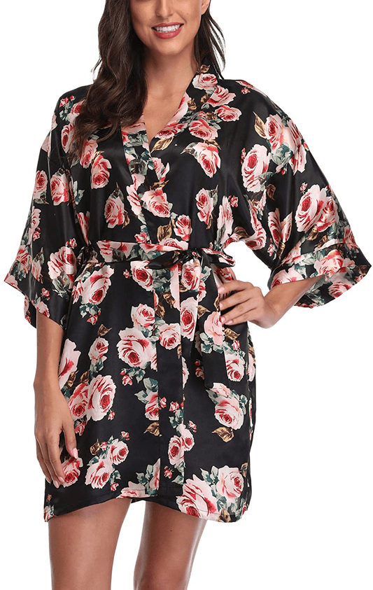 Women'S Satin Floral Kimono Robe Short Bridesmaid Bathrobe for Wedding Party Apparel & Accessories > Clothing > Sleepwear & Loungewear > Robes Laurel Snow Black2 Small 