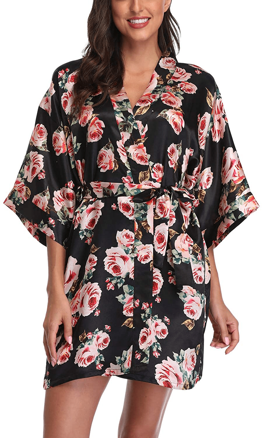 Women'S Satin Floral Kimono Robe Short Bridesmaid Bathrobe for Wedding Party Apparel & Accessories > Clothing > Sleepwear & Loungewear > Robes Laurel Snow   
