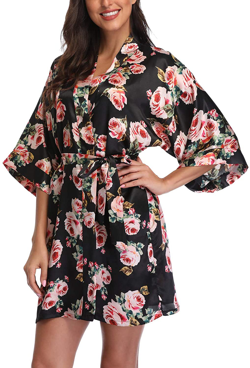Women'S Satin Floral Kimono Robe Short Bridesmaid Bathrobe for Wedding Party Apparel & Accessories > Clothing > Sleepwear & Loungewear > Robes Laurel Snow   