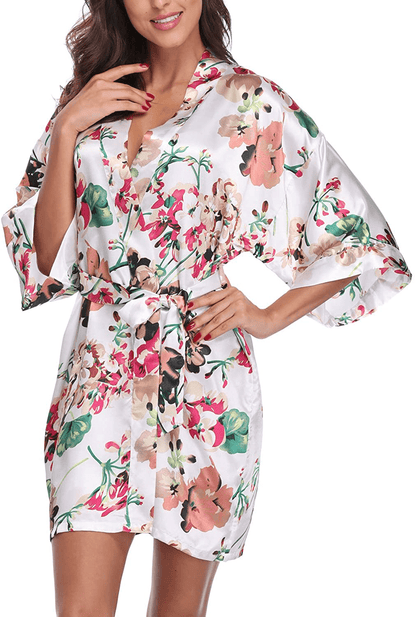 Women'S Satin Floral Kimono Robe Short Bridesmaid Bathrobe for Wedding Party Apparel & Accessories > Clothing > Sleepwear & Loungewear > Robes Laurel Snow White Small 