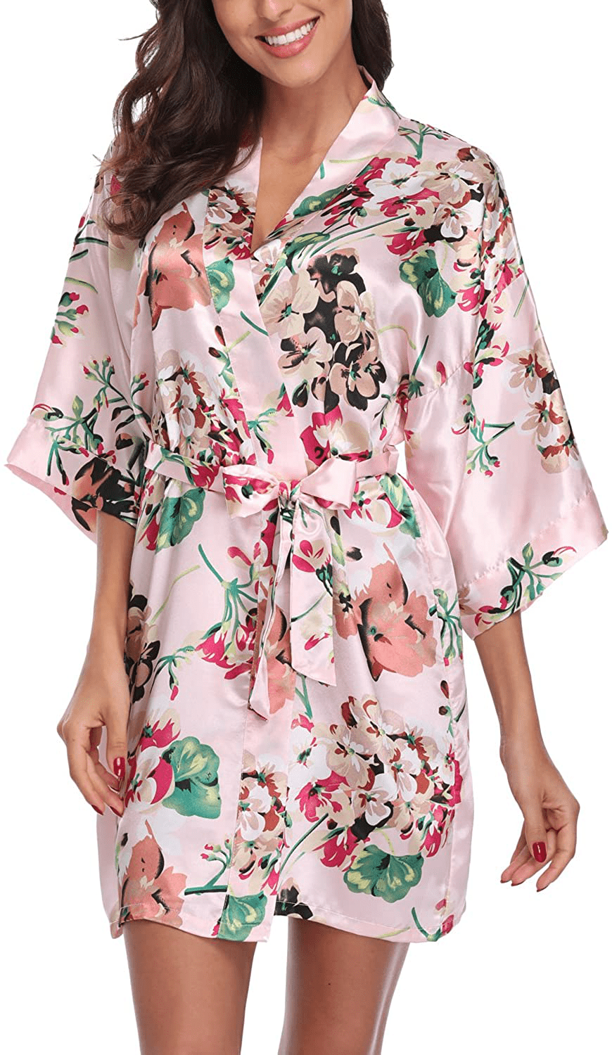 Women'S Satin Floral Kimono Robe Short Bridesmaid Bathrobe for Wedding Party Apparel & Accessories > Clothing > Sleepwear & Loungewear > Robes Laurel Snow Pink Medium 