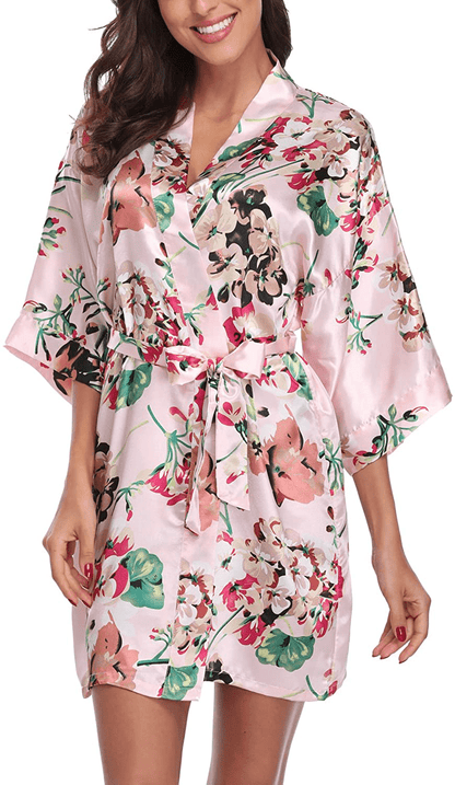 Women'S Satin Floral Kimono Robe Short Bridesmaid Bathrobe for Wedding Party Apparel & Accessories > Clothing > Sleepwear & Loungewear > Robes Laurel Snow Pink Medium 