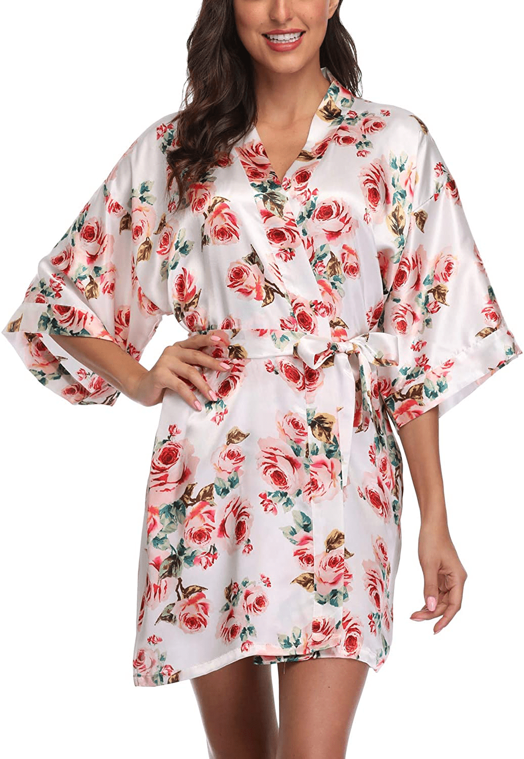Women'S Satin Floral Kimono Robe Short Bridesmaid Bathrobe for Wedding Party Apparel & Accessories > Clothing > Sleepwear & Loungewear > Robes Laurel Snow   