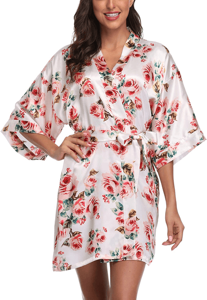 Women'S Satin Floral Kimono Robe Short Bridesmaid Bathrobe for Wedding Party Apparel & Accessories > Clothing > Sleepwear & Loungewear > Robes Laurel Snow   