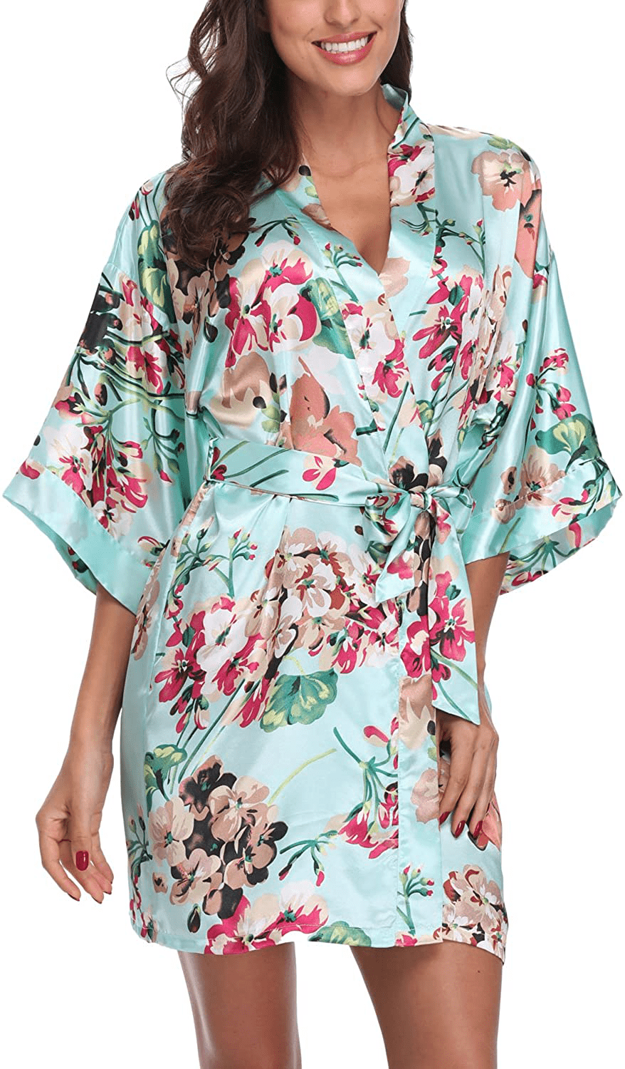 Women'S Satin Floral Kimono Robe Short Bridesmaid Bathrobe for Wedding Party Apparel & Accessories > Clothing > Sleepwear & Loungewear > Robes Laurel Snow   