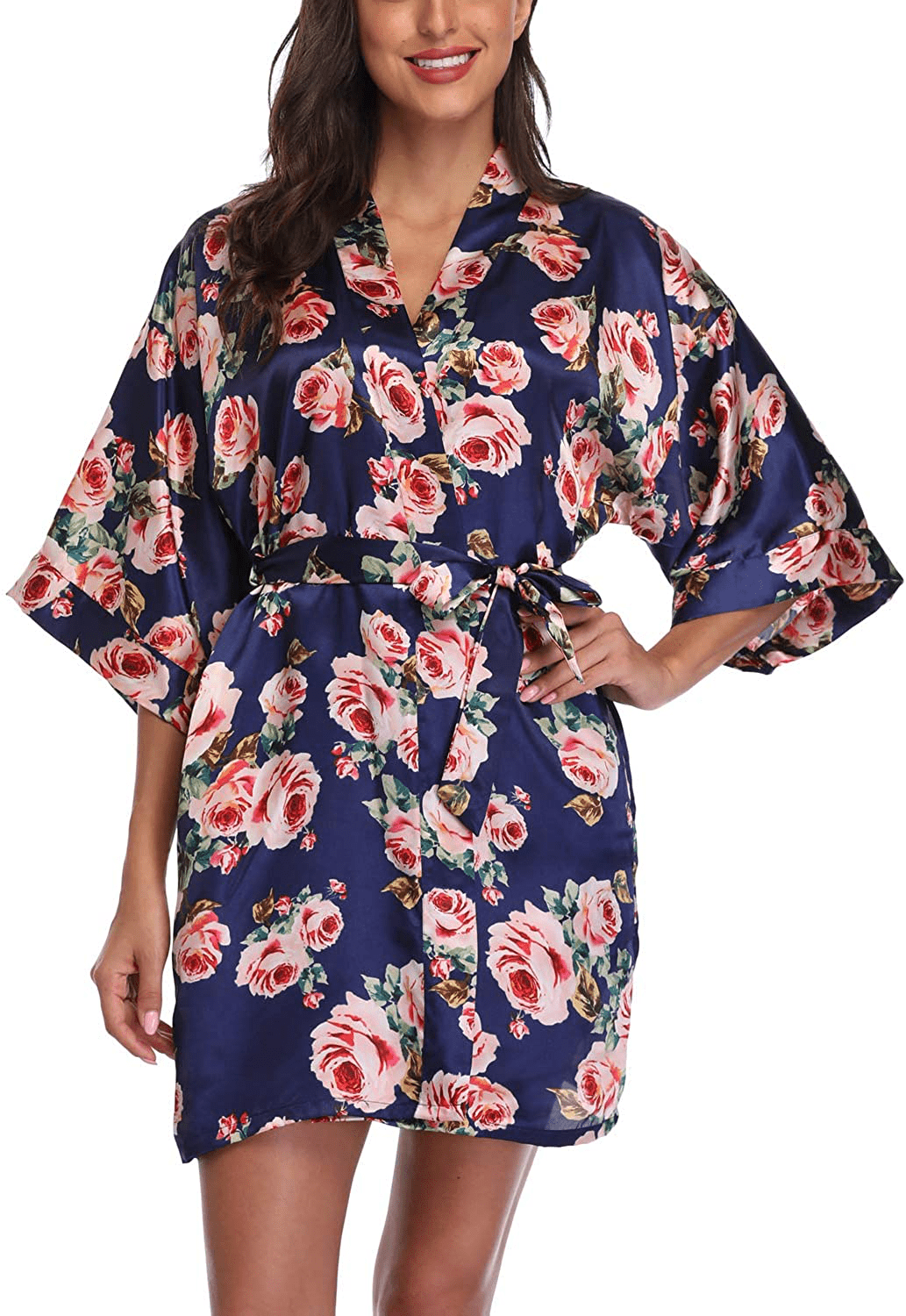 Women'S Satin Floral Kimono Robe Short Bridesmaid Bathrobe for Wedding Party Apparel & Accessories > Clothing > Sleepwear & Loungewear > Robes Laurel Snow   