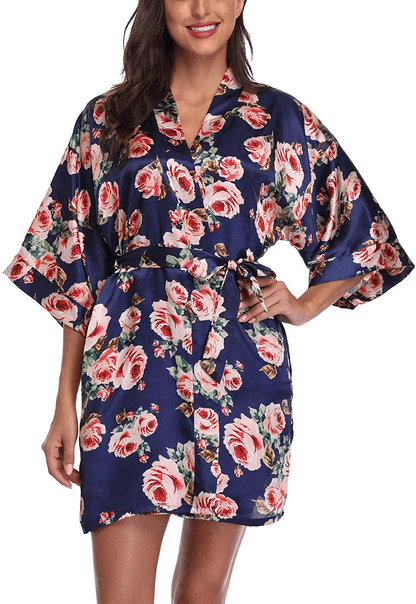 Women'S Satin Floral Kimono Robe Short Bridesmaid Bathrobe for Wedding Party Apparel & Accessories > Clothing > Sleepwear & Loungewear > Robes Laurel Snow   