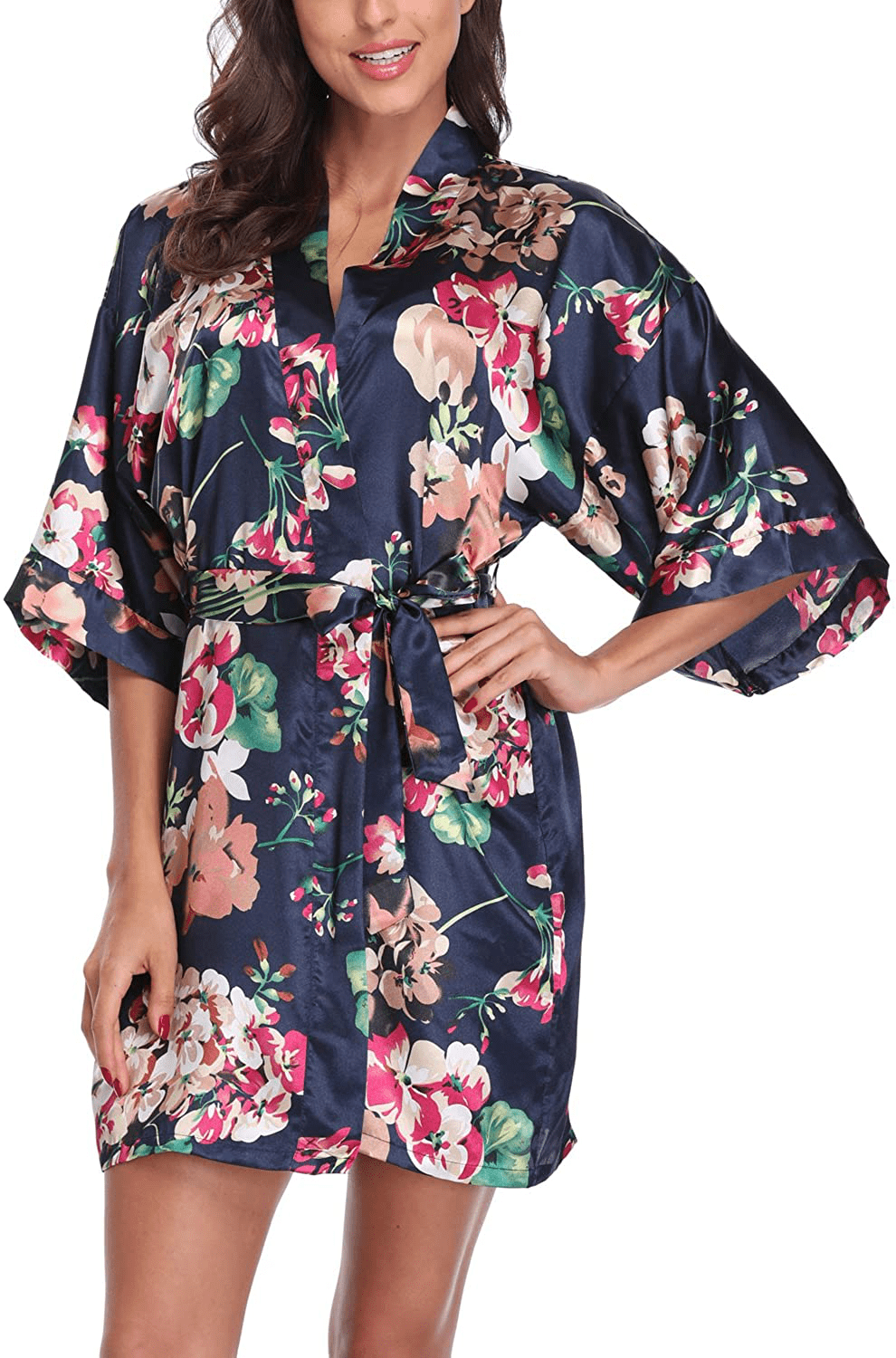 Women'S Satin Floral Kimono Robe Short Bridesmaid Bathrobe for Wedding Party Apparel & Accessories > Clothing > Sleepwear & Loungewear > Robes Laurel Snow Navy Blue Large 