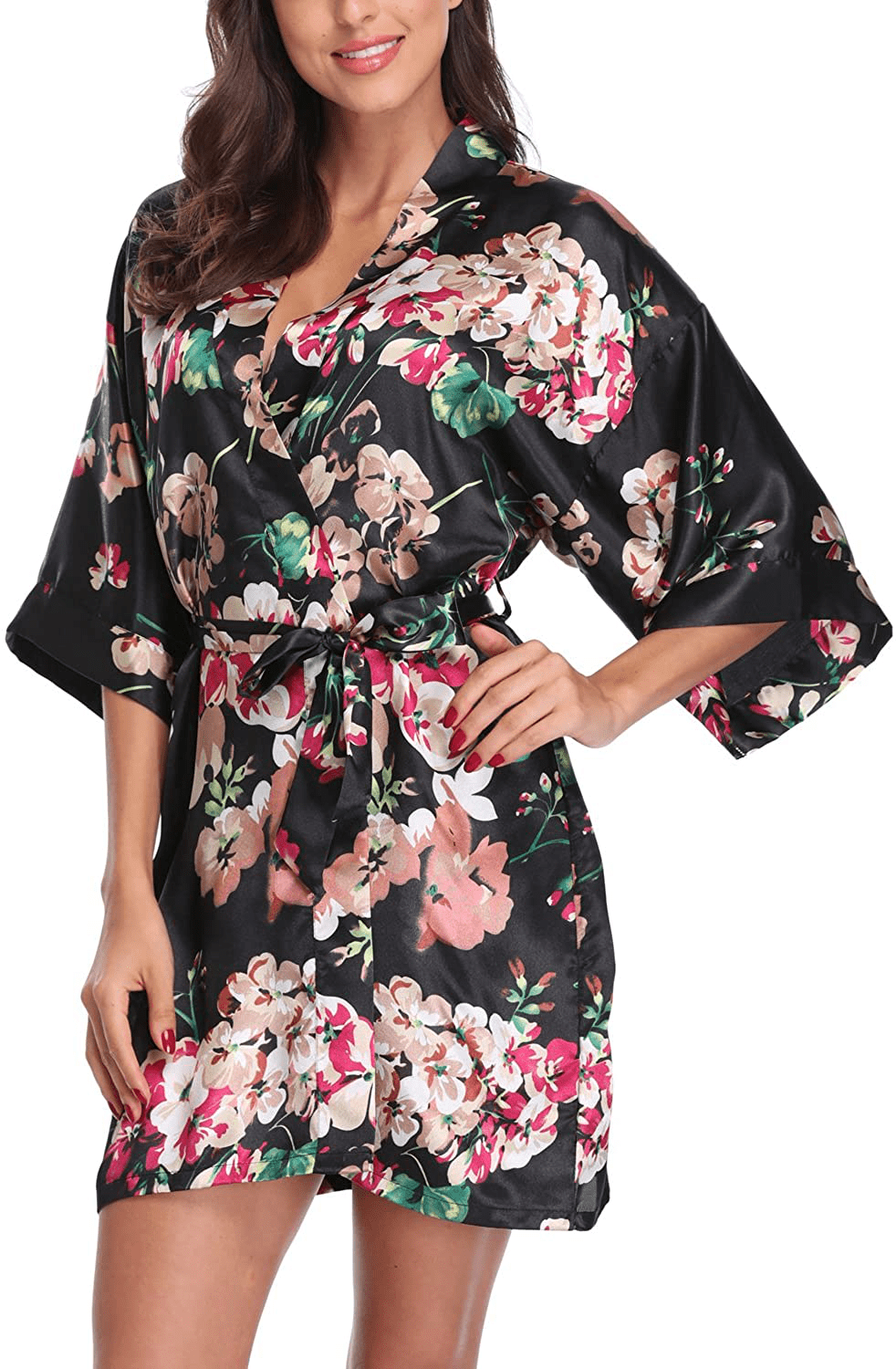 Women'S Satin Floral Kimono Robe Short Bridesmaid Bathrobe for Wedding Party Apparel & Accessories > Clothing > Sleepwear & Loungewear > Robes Laurel Snow Black Small 