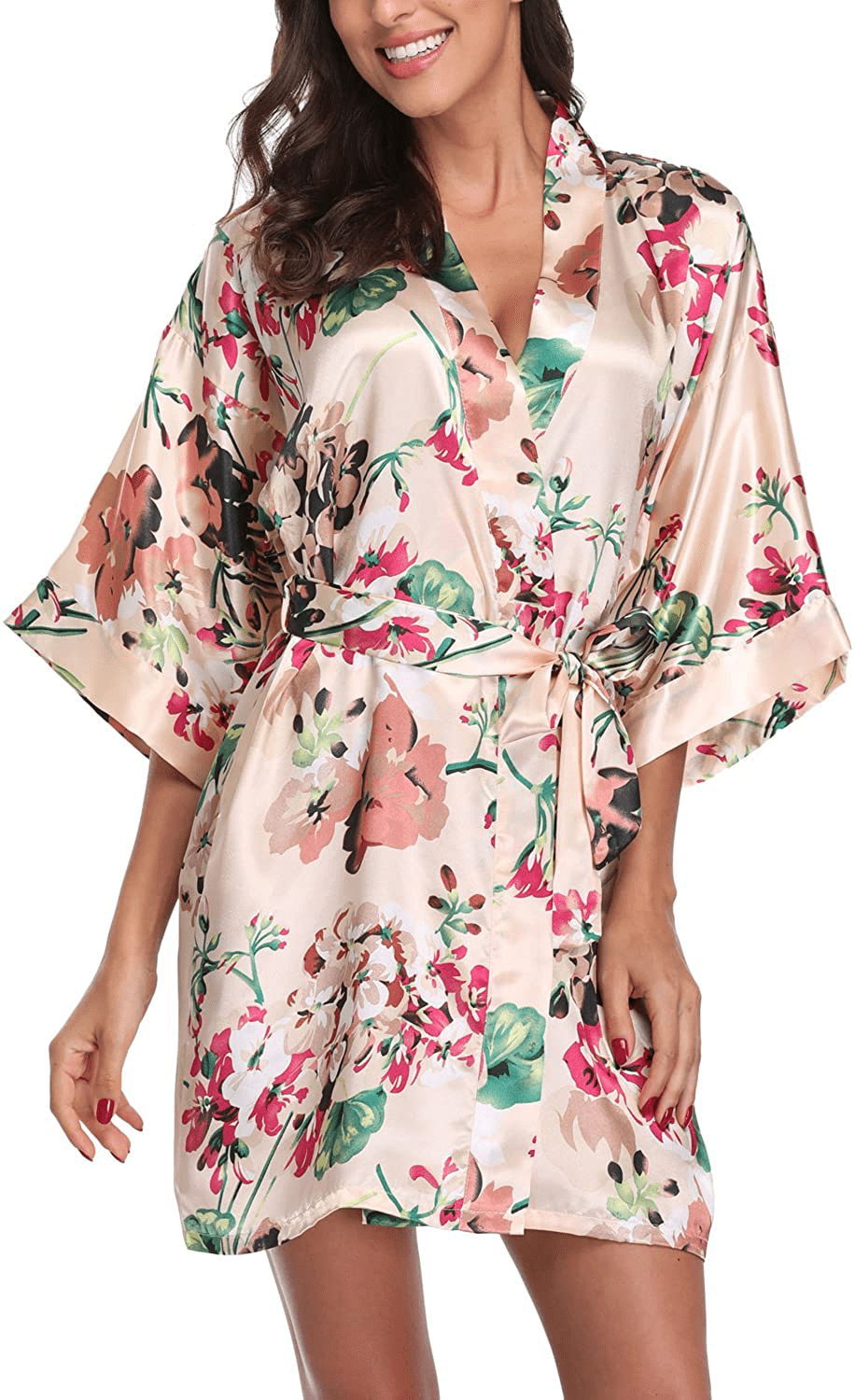 Women'S Satin Floral Kimono Robe Short Bridesmaid Bathrobe for Wedding Party Apparel & Accessories > Clothing > Sleepwear & Loungewear > Robes Laurel Snow Apricot Large 