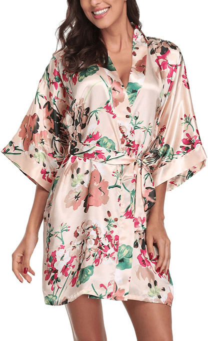 Women'S Satin Floral Kimono Robe Short Bridesmaid Bathrobe for Wedding Party Apparel & Accessories > Clothing > Sleepwear & Loungewear > Robes Laurel Snow Apricot Large 