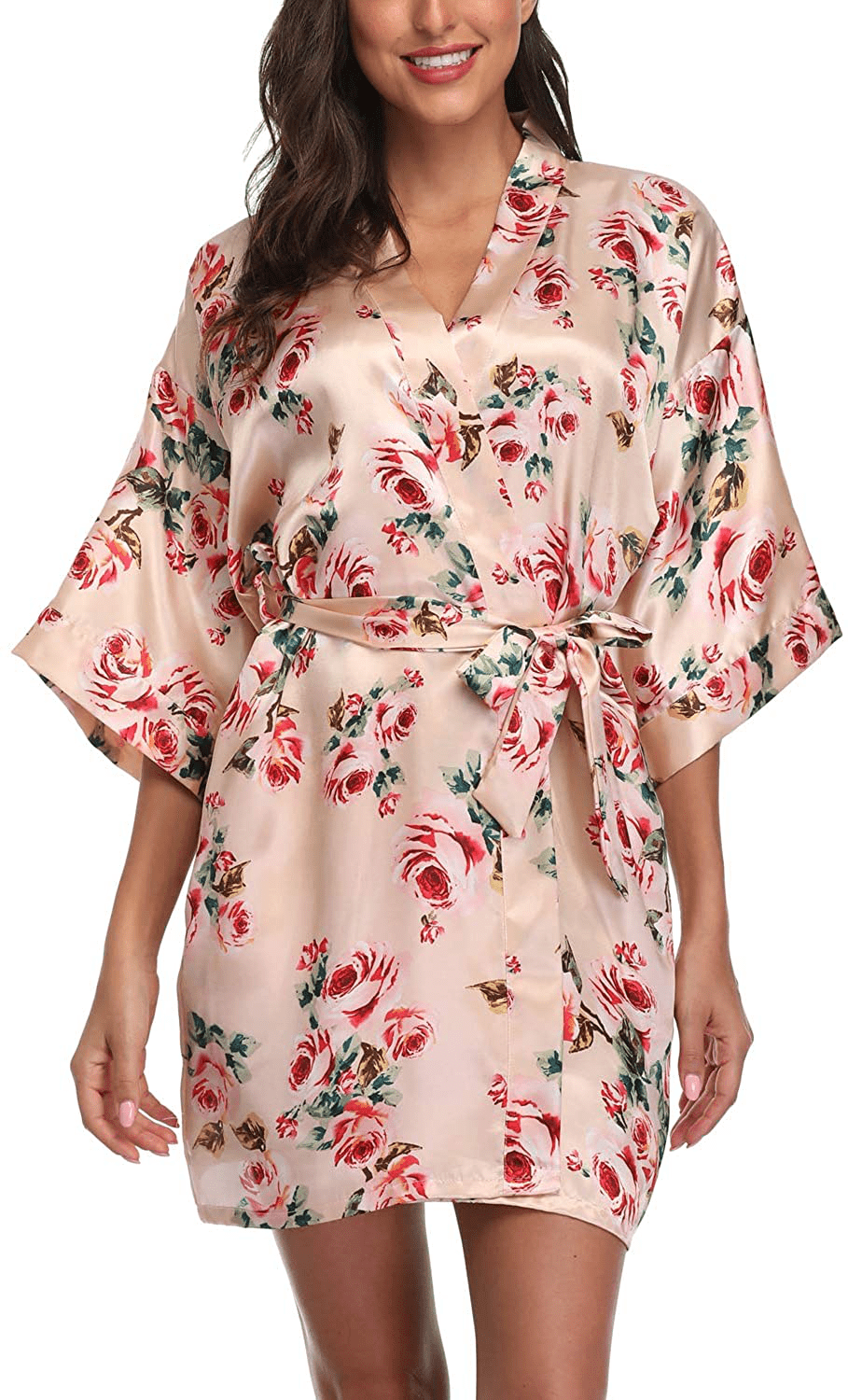 Women'S Satin Floral Kimono Robe Short Bridesmaid Bathrobe for Wedding Party Apparel & Accessories > Clothing > Sleepwear & Loungewear > Robes Laurel Snow   