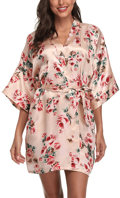 Women'S Satin Floral Kimono Robe Short Bridesmaid Bathrobe for Wedding Party Apparel & Accessories > Clothing > Sleepwear & Loungewear > Robes Laurel Snow   