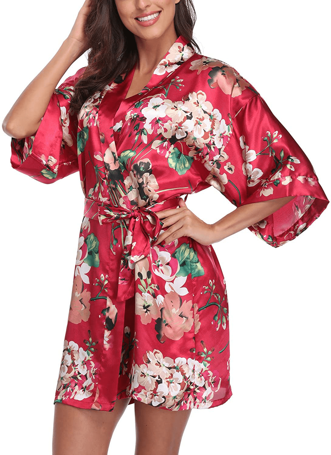 Women'S Satin Floral Kimono Robe Short Bridesmaid Bathrobe for Wedding Party Apparel & Accessories > Clothing > Sleepwear & Loungewear > Robes Laurel Snow Burgundy Small 