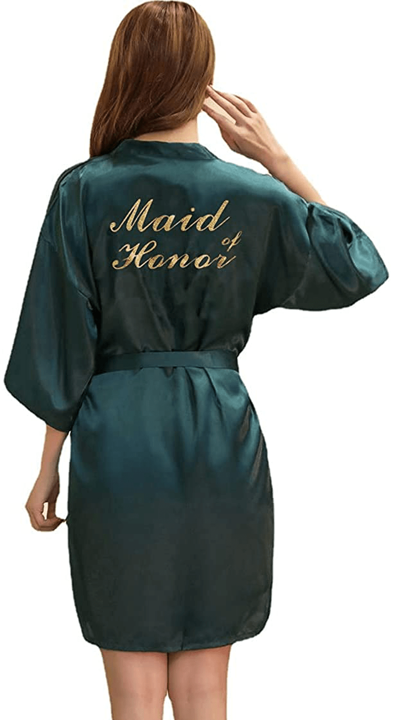 Women'S Satin Kimono Robe for Bridesmaid and Bride Wedding Party Getting Ready Short Robe with Gold Glitter Apparel & Accessories > Clothing > Sleepwear & Loungewear > Robes DF-deals Dark Green(maid of Honor) 16-18 