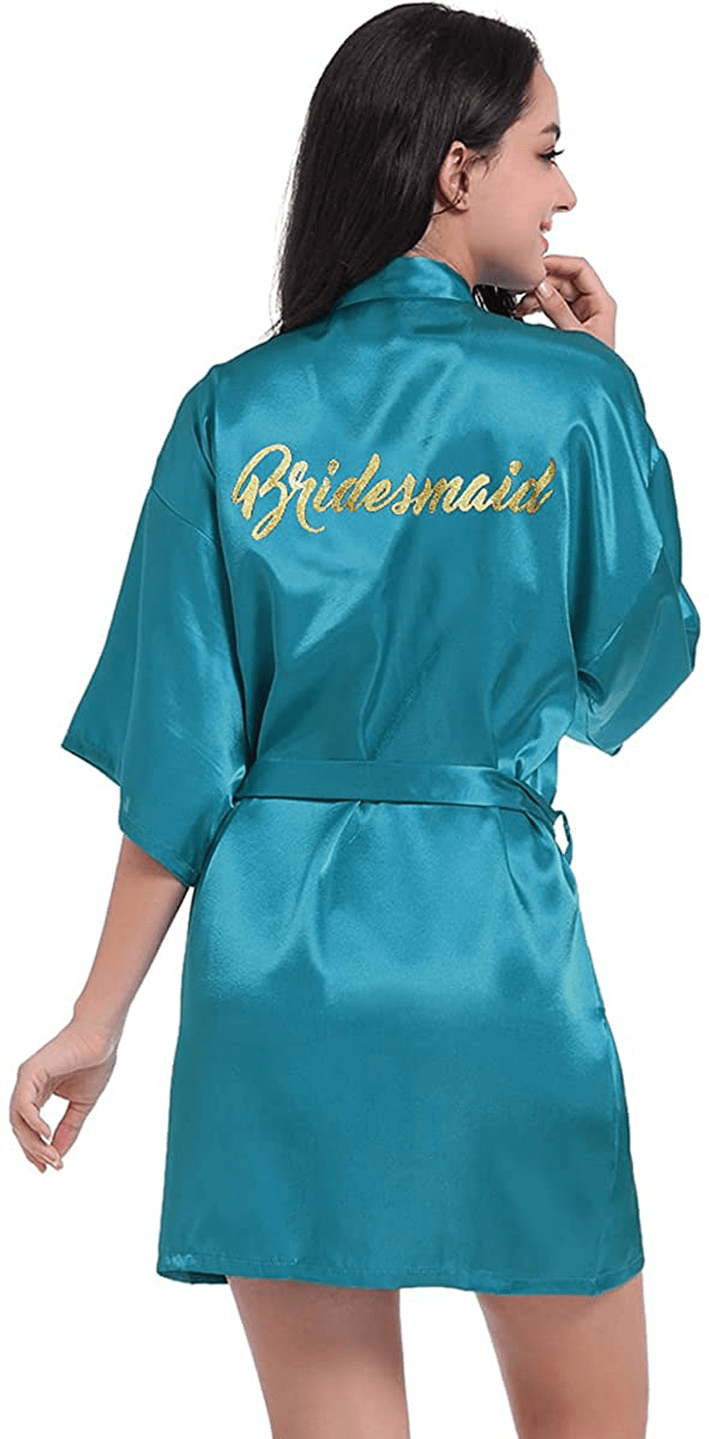 Women'S Satin Kimono Robe for Bridesmaid and Bride Wedding Party Getting Ready Short Robe with Gold Glitter Apparel & Accessories > Clothing > Sleepwear & Loungewear > Robes DF-deals Peacock Blue(bridesmaid) 16-18 