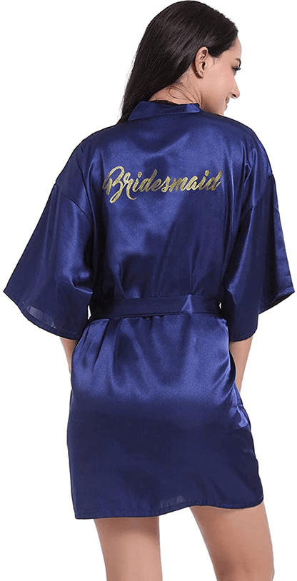 Women'S Satin Kimono Robe for Bridesmaid and Bride Wedding Party Getting Ready Short Robe with Gold Glitter Apparel & Accessories > Clothing > Sleepwear & Loungewear > Robes DF-deals Navy Blue(bridesmaid) 12-14 