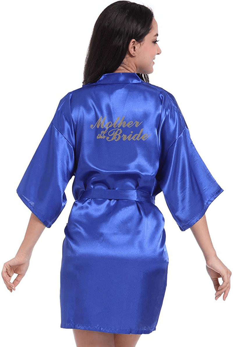Women'S Satin Kimono Robe for Bridesmaid and Bride Wedding Party Getting Ready Short Robe with Gold Glitter Apparel & Accessories > Clothing > Sleepwear & Loungewear > Robes DF-deals Royal Blue(mother of the Bride) 16-18 
