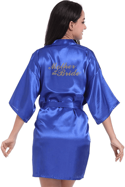 Women'S Satin Kimono Robe for Bridesmaid and Bride Wedding Party Getting Ready Short Robe with Gold Glitter Apparel & Accessories > Clothing > Sleepwear & Loungewear > Robes DF-deals Royal Blue(mother of the Bride) 16-18 