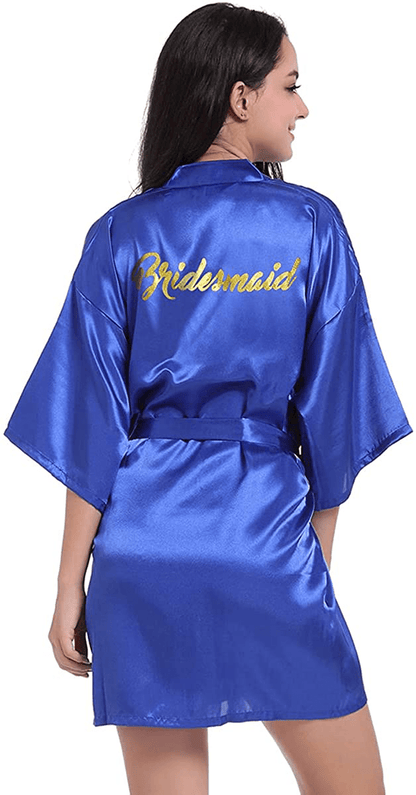 Women'S Satin Kimono Robe for Bridesmaid and Bride Wedding Party Getting Ready Short Robe with Gold Glitter Apparel & Accessories > Clothing > Sleepwear & Loungewear > Robes DF-deals Royal Blue(bridesmaid) 16-18 