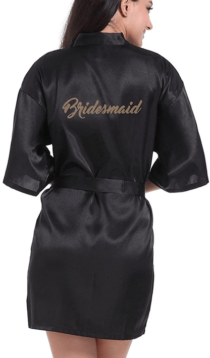 Women'S Satin Kimono Robe for Bridesmaid and Bride Wedding Party Getting Ready Short Robe with Gold Glitter Apparel & Accessories > Clothing > Sleepwear & Loungewear > Robes DF-deals Black(bridesmaid) 12-14 