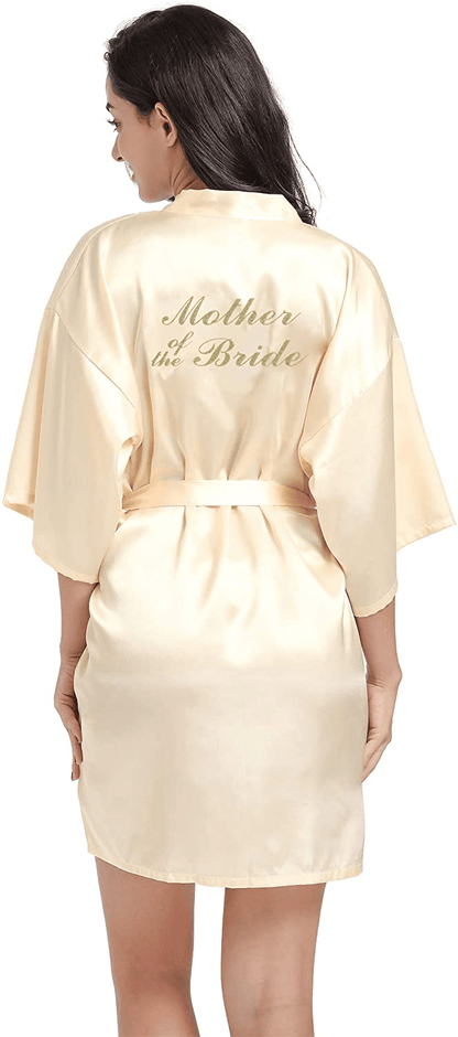 Women'S Satin Kimono Robe for Bridesmaid and Bride Wedding Party Getting Ready Short Robe with Gold Glitter Apparel & Accessories > Clothing > Sleepwear & Loungewear > Robes DF-deals Champagne(mother of the Bride) 12-14 