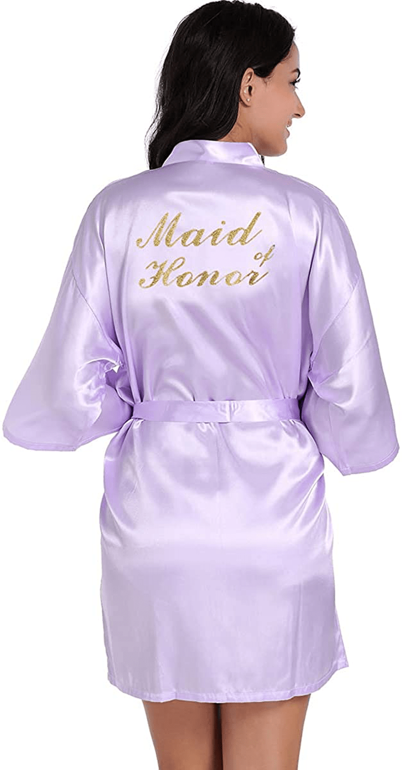 Women'S Satin Kimono Robe for Bridesmaid and Bride Wedding Party Getting Ready Short Robe with Gold Glitter Apparel & Accessories > Clothing > Sleepwear & Loungewear > Robes DF-deals Light Purple(maid of Honor) 16-18 