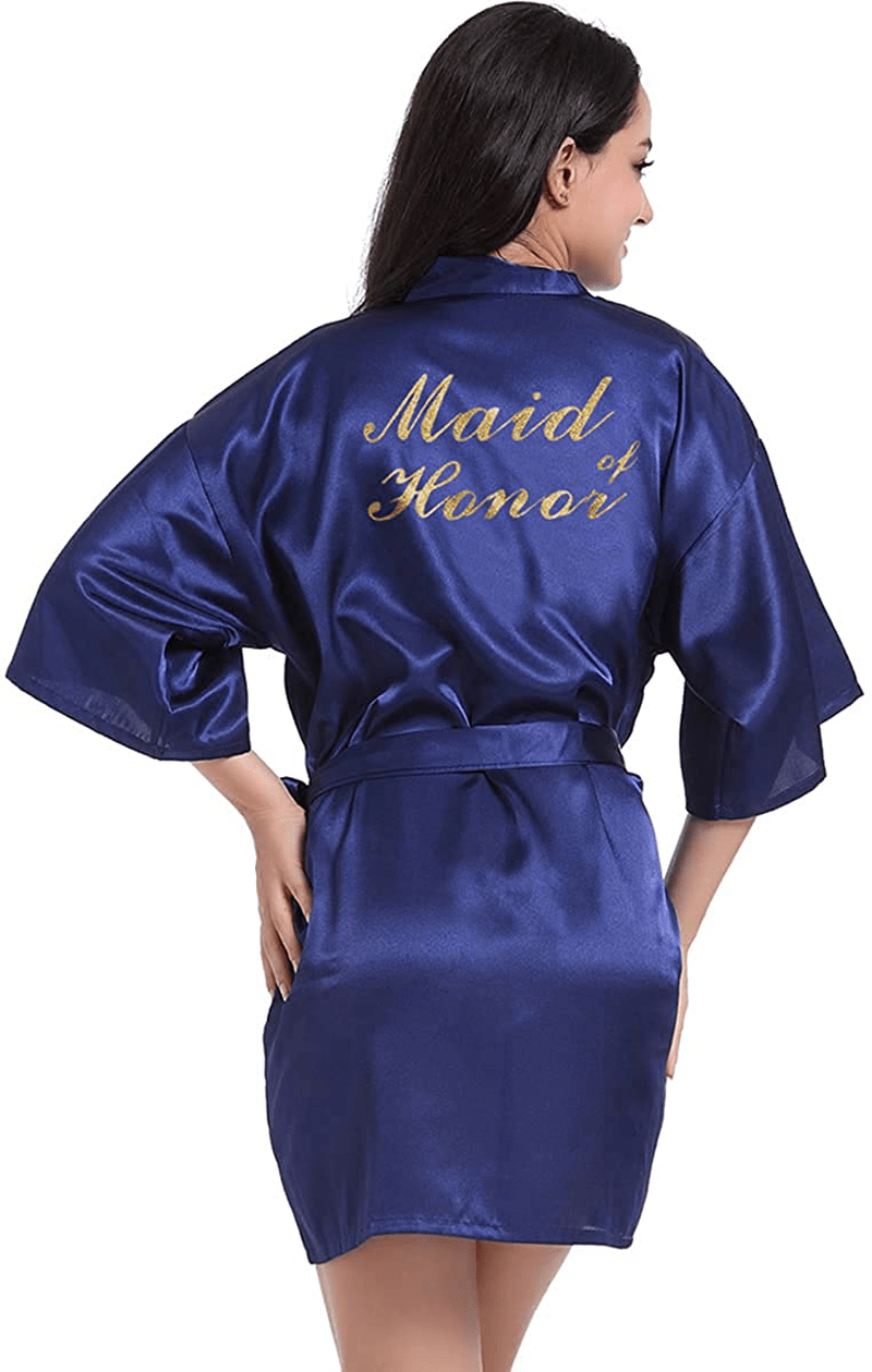 Women'S Satin Kimono Robe for Bridesmaid and Bride Wedding Party Getting Ready Short Robe with Gold Glitter Apparel & Accessories > Clothing > Sleepwear & Loungewear > Robes DF-deals Navy Blue(maid of Honor) 4-6 