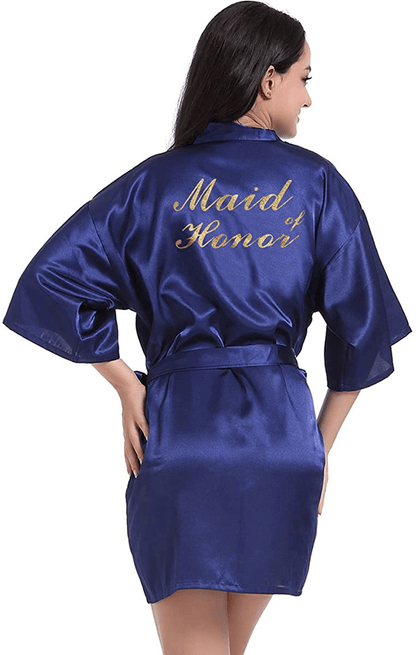 Women'S Satin Kimono Robe for Bridesmaid and Bride Wedding Party Getting Ready Short Robe with Gold Glitter Apparel & Accessories > Clothing > Sleepwear & Loungewear > Robes DF-deals Navy Blue(maid of Honor) 4-6 
