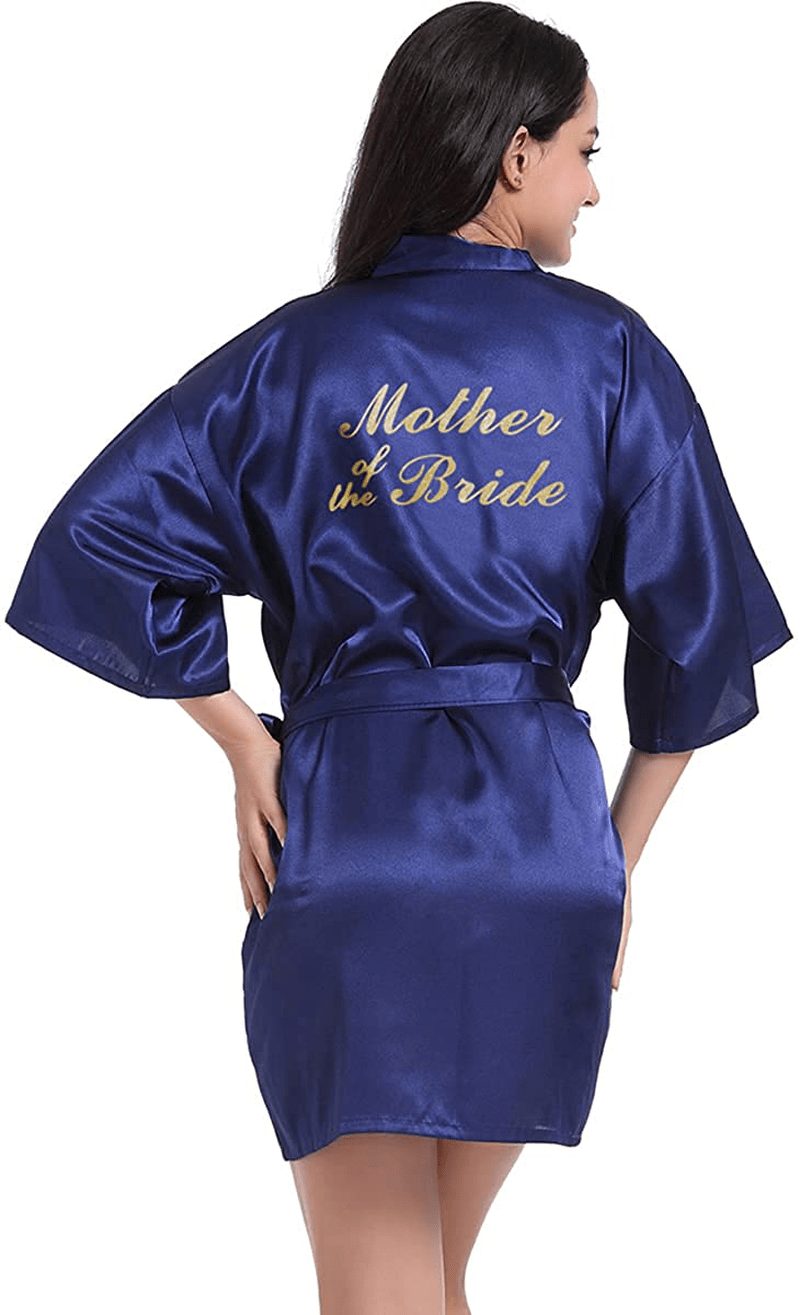 Women'S Satin Kimono Robe for Bridesmaid and Bride Wedding Party Getting Ready Short Robe with Gold Glitter Apparel & Accessories > Clothing > Sleepwear & Loungewear > Robes DF-deals Navy Blue(mother of the Bride) 4-6 