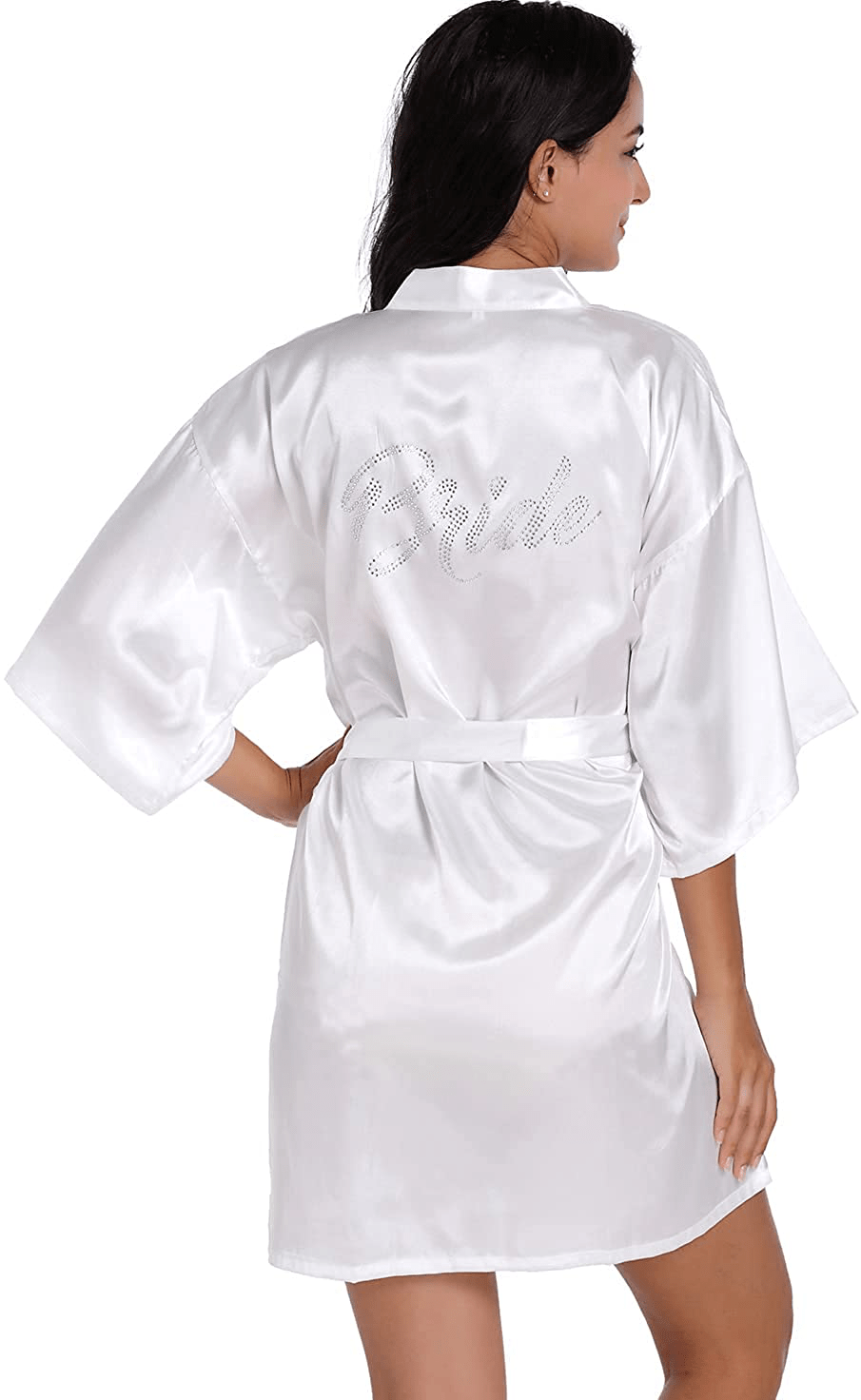 Women'S Satin Kimono Robe for Bridesmaid and Bride Wedding Party Getting Ready Short Robe with Gold Glitter Apparel & Accessories > Clothing > Sleepwear & Loungewear > Robes DF-deals .White-bride(rhinestones) 16-18 