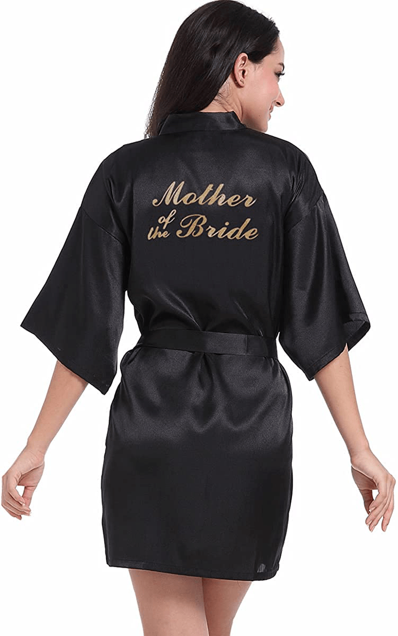Women'S Satin Kimono Robe for Bridesmaid and Bride Wedding Party Getting Ready Short Robe with Gold Glitter Apparel & Accessories > Clothing > Sleepwear & Loungewear > Robes DF-deals Black(mother of the Bride) 4-6 