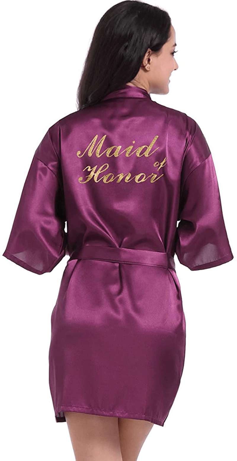 Women'S Satin Kimono Robe for Bridesmaid and Bride Wedding Party Getting Ready Short Robe with Gold Glitter Apparel & Accessories > Clothing > Sleepwear & Loungewear > Robes DF-deals Purple(maid of Honor) 12-14 