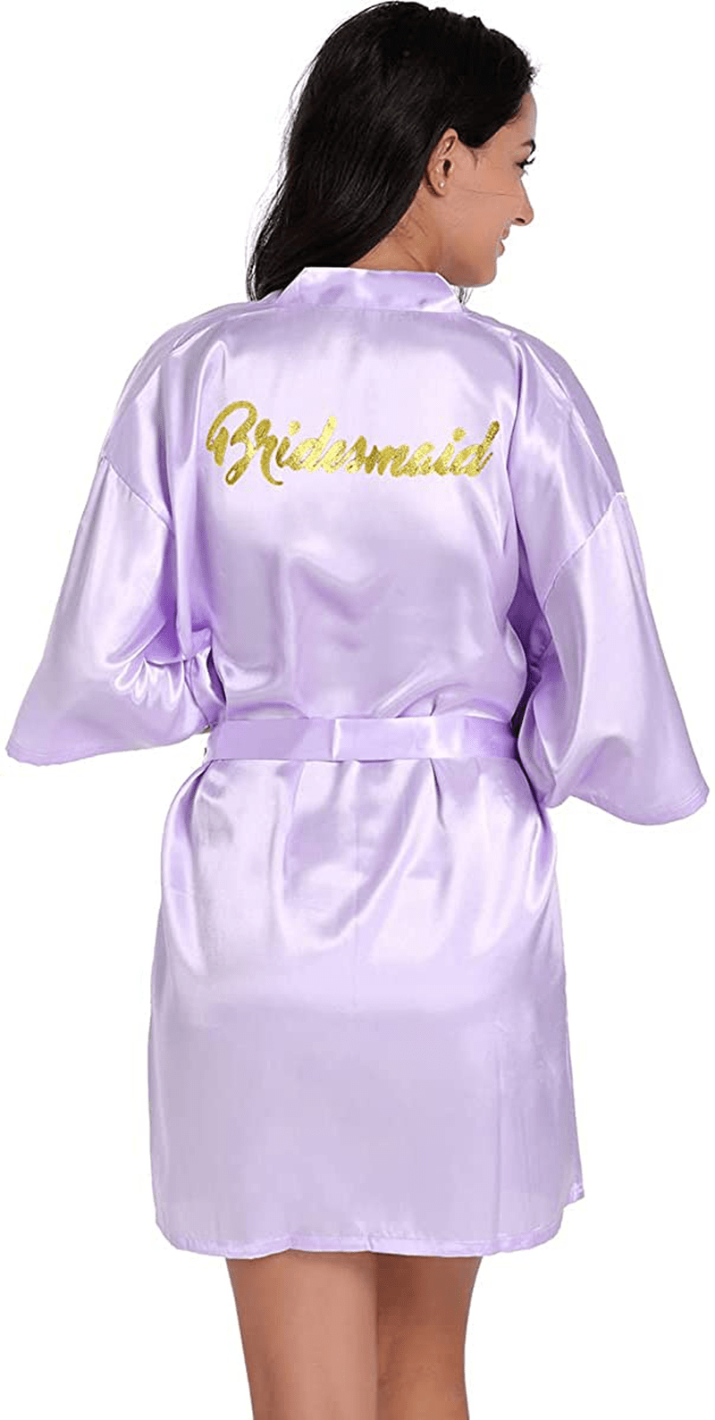 Women'S Satin Kimono Robe for Bridesmaid and Bride Wedding Party Getting Ready Short Robe with Gold Glitter Apparel & Accessories > Clothing > Sleepwear & Loungewear > Robes DF-deals Light Purple(bridesmaid) 16-18 