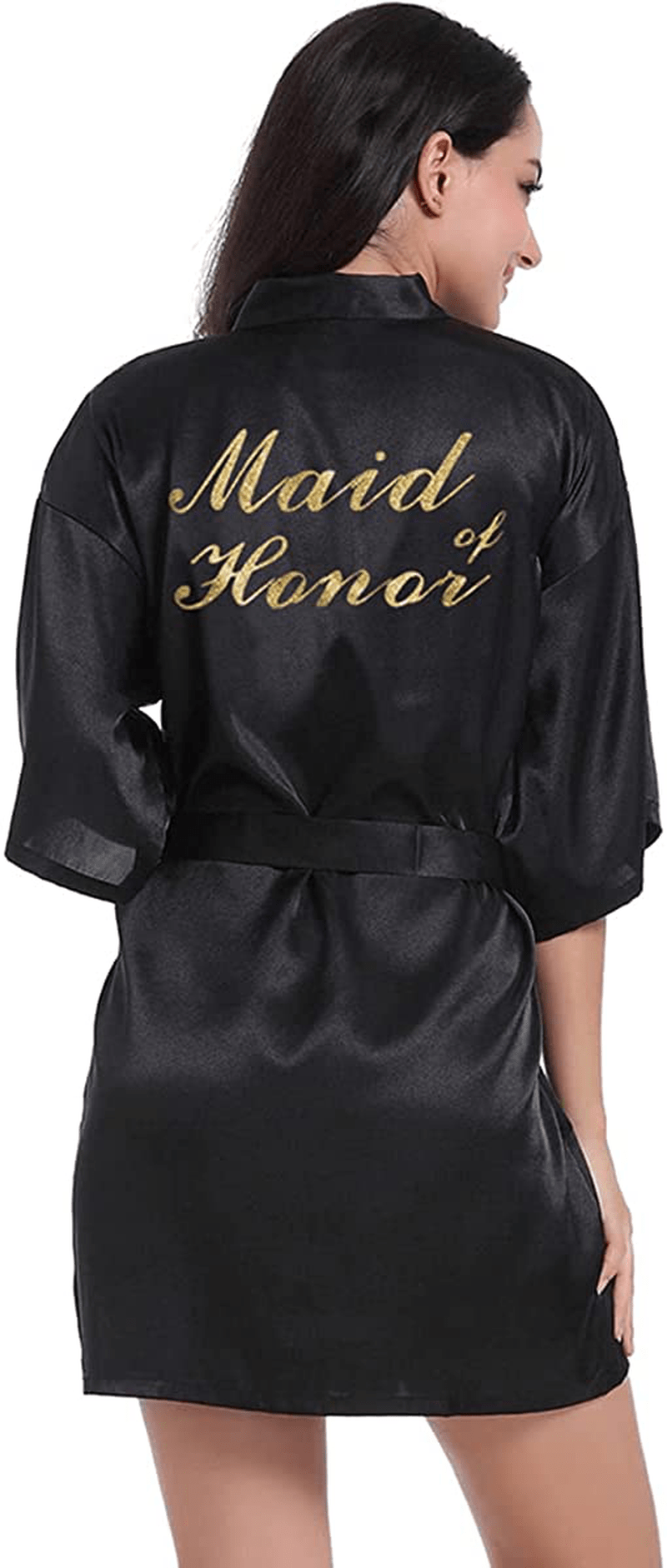 Women'S Satin Kimono Robe for Bridesmaid and Bride Wedding Party Getting Ready Short Robe with Gold Glitter Apparel & Accessories > Clothing > Sleepwear & Loungewear > Robes DF-deals Black(maid of Honor) 16-18 