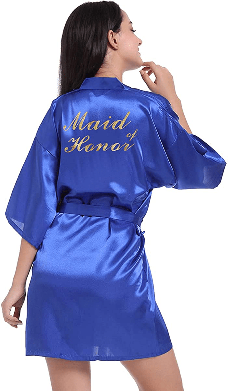 Women'S Satin Kimono Robe for Bridesmaid and Bride Wedding Party Getting Ready Short Robe with Gold Glitter Apparel & Accessories > Clothing > Sleepwear & Loungewear > Robes DF-deals Royal Blue(maid of Honor) 12-14 