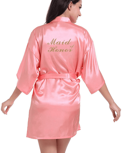 Women'S Satin Kimono Robe for Bridesmaid and Bride Wedding Party Getting Ready Short Robe with Gold Glitter Apparel & Accessories > Clothing > Sleepwear & Loungewear > Robes DF-deals Watermelon Red(maid of Honor) 4-6 