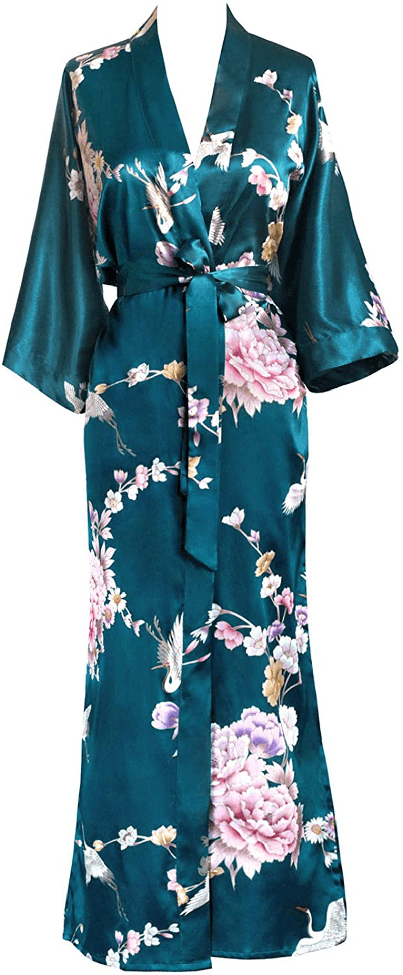 Women'S Satin Kimono Robe Long - Floral Apparel & Accessories > Clothing > Sleepwear & Loungewear > Robes OLDSHANGHAI Chrysanthemum & Crane - Peacock  