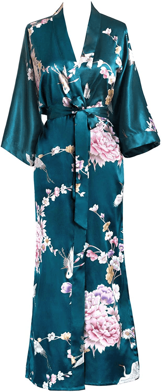 Women'S Satin Kimono Robe Long - Floral Apparel & Accessories > Clothing > Sleepwear & Loungewear > Robes OLDSHANGHAI Chrysanthemum & Crane - Peacock  