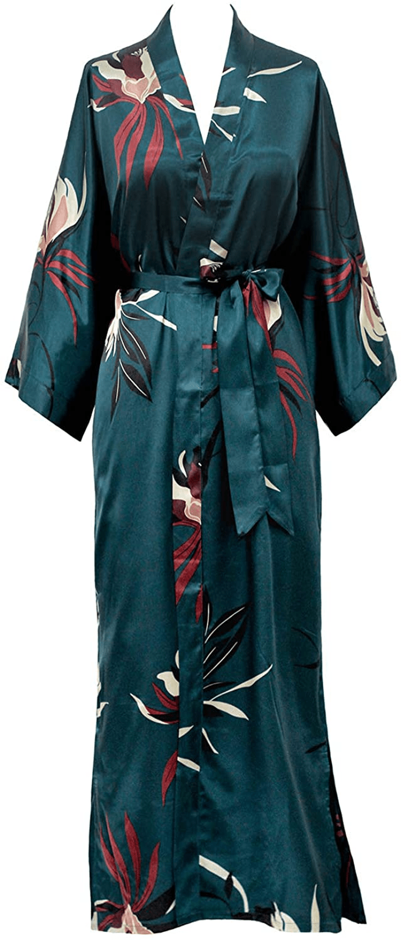 Women'S Satin Kimono Robe Long - Floral Apparel & Accessories > Clothing > Sleepwear & Loungewear > Robes OLDSHANGHAI Hana - Teal  