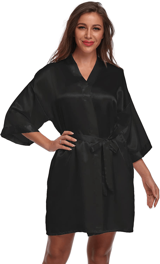 Women'S Satin Kimono Robes Short Silk Bathrobes Wedding Robes for Bridal Party Apparel & Accessories > Clothing > Sleepwear & Loungewear > Robes FADSHOW Black Large 