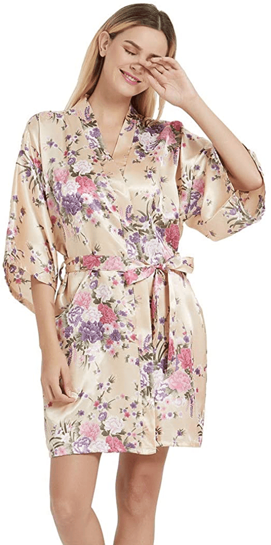 Women'S Satin Robes Floral Bridesmaid Robes Short Silk Kimonos Sleepwear Apparel & Accessories > Clothing > Sleepwear & Loungewear > Robes V Vaborous A-floral Champagne Large-X-Large 