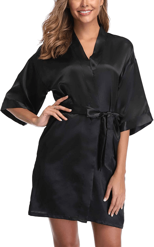 Women'S Satin Robes Short Silky Bathrobe Pure Color Bridal Party Dressing Gown for Bride Bridesmaids Apparel & Accessories > Clothing > Sleepwear & Loungewear > Robes FADTOP Black Large 
