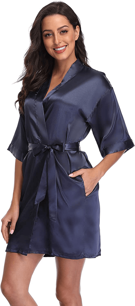 Women'S Satin Short Kimono Robe Solid Color Bridesmaid Robes Silky Bathrobe for Wedding Party Apparel & Accessories > Clothing > Sleepwear & Loungewear > Robes CostumeDeals Navy Blue XX-Large 