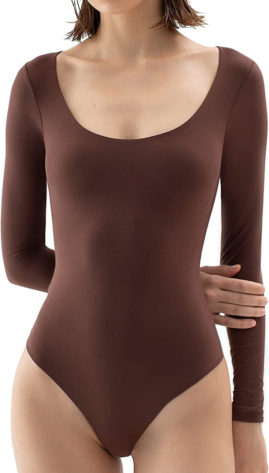Women'S Scoop Neck Long Sleeve Bodysuit Body-Hugging Sexy Tops Smoke Cloud Collection 05 Tiramisu / X-Large
