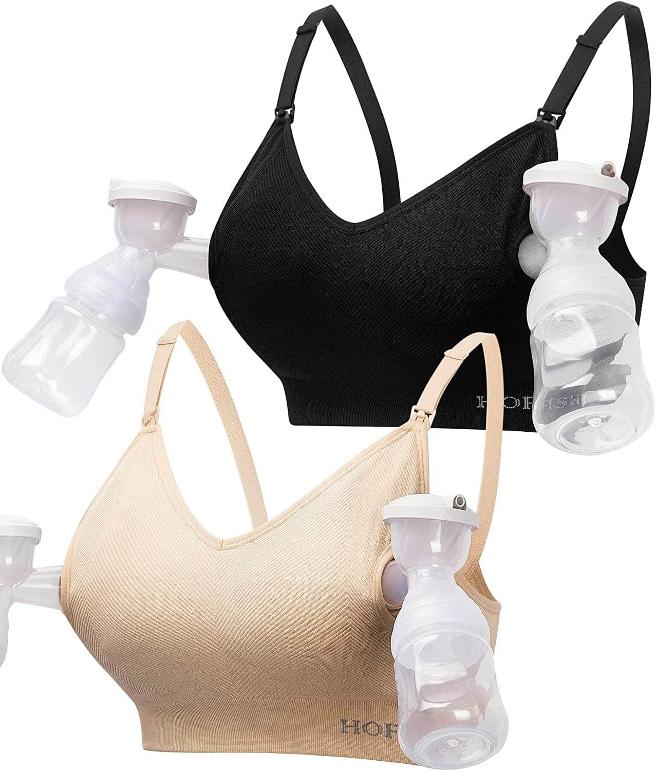 Women'S Seamless Hands Free Pumping Bra Maternity Nursing & Everyday Bras Fits Lansinoh, Philips Avent, Spectra,Etc. 2 Pack: Black+nude / X-Large