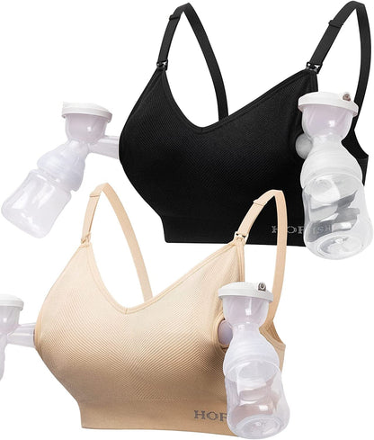 Women'S Seamless Hands Free Pumping Bra Maternity Nursing & Everyday Bras Fits Lansinoh, Philips Avent, Spectra,Etc. 2 Pack: Black+nude / X-Large
